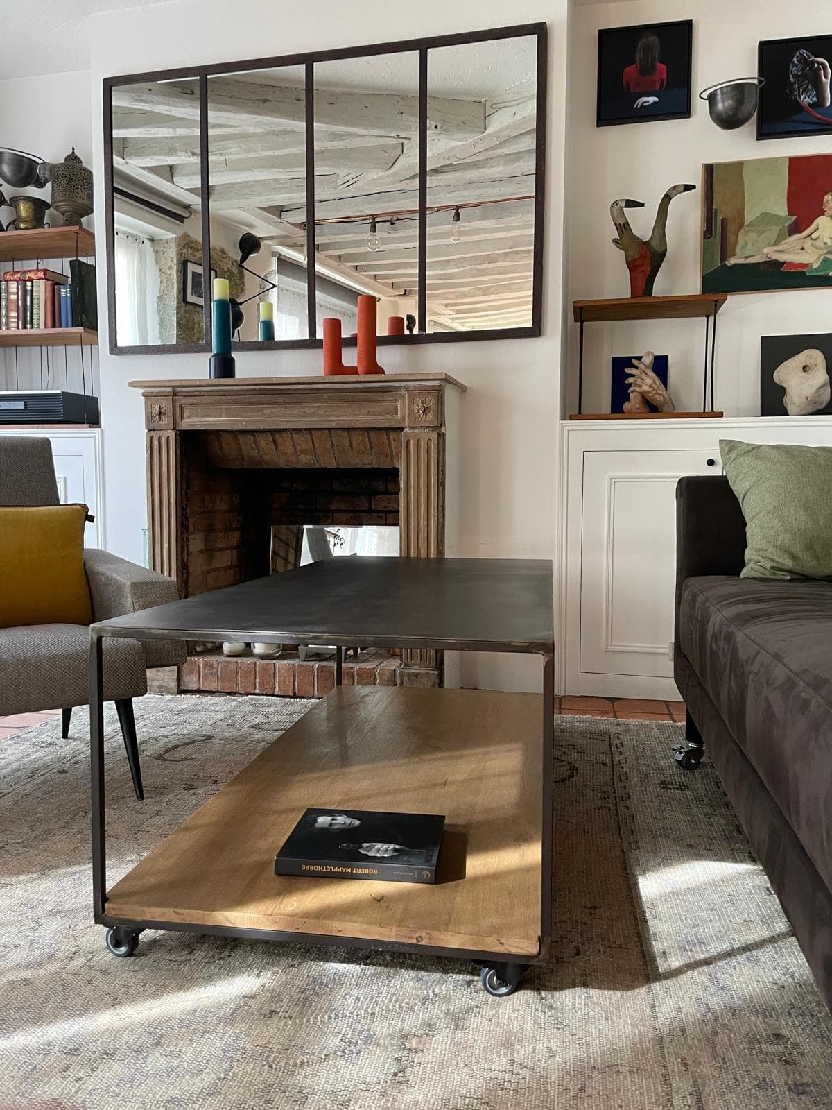 Table basse rectangulaire sur roulettes avec double plateau "STEELWOOD"