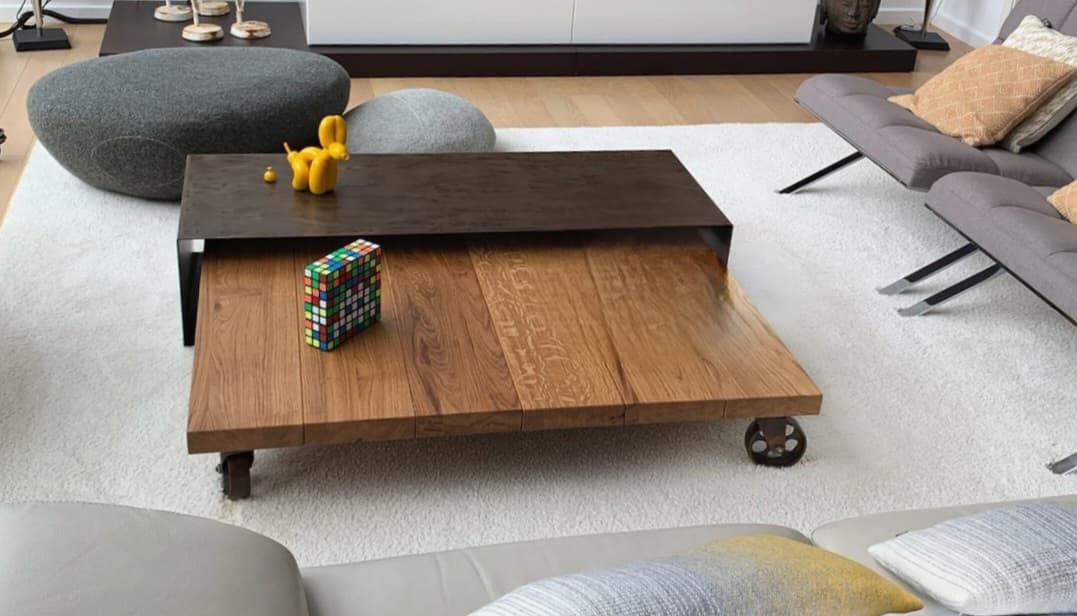 Table basse gigogne sur mesure chêne et acier "GEOMETRIE"