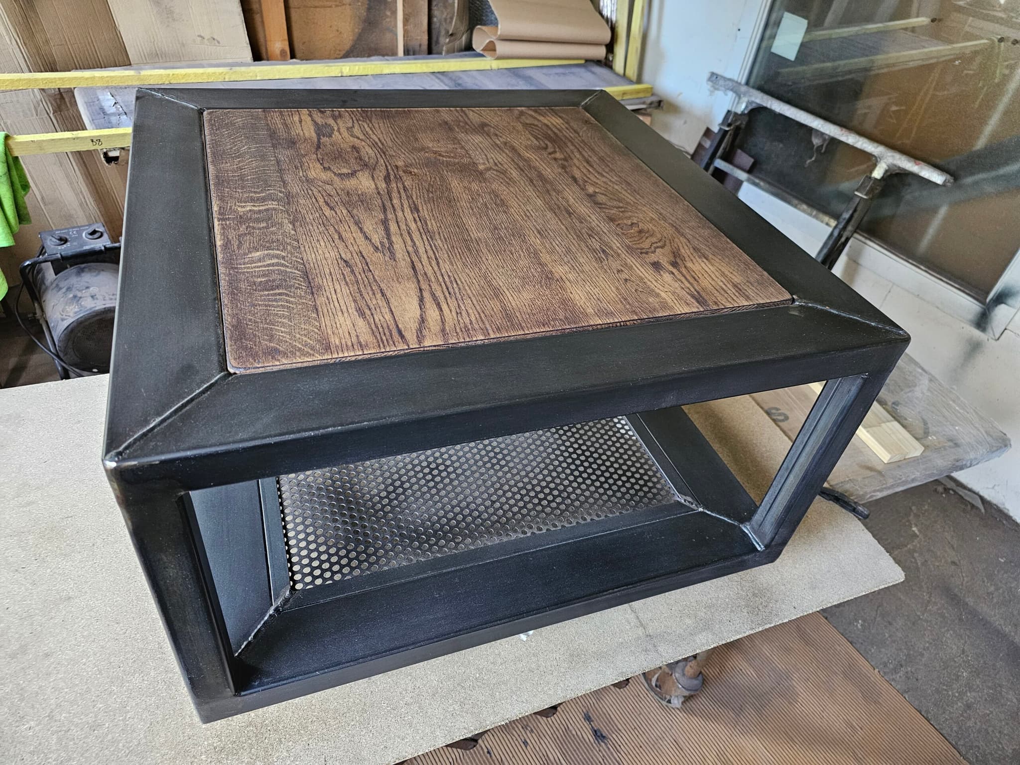 Table basse industrielle " CHARME " carré en métal et bois 2 plateaux