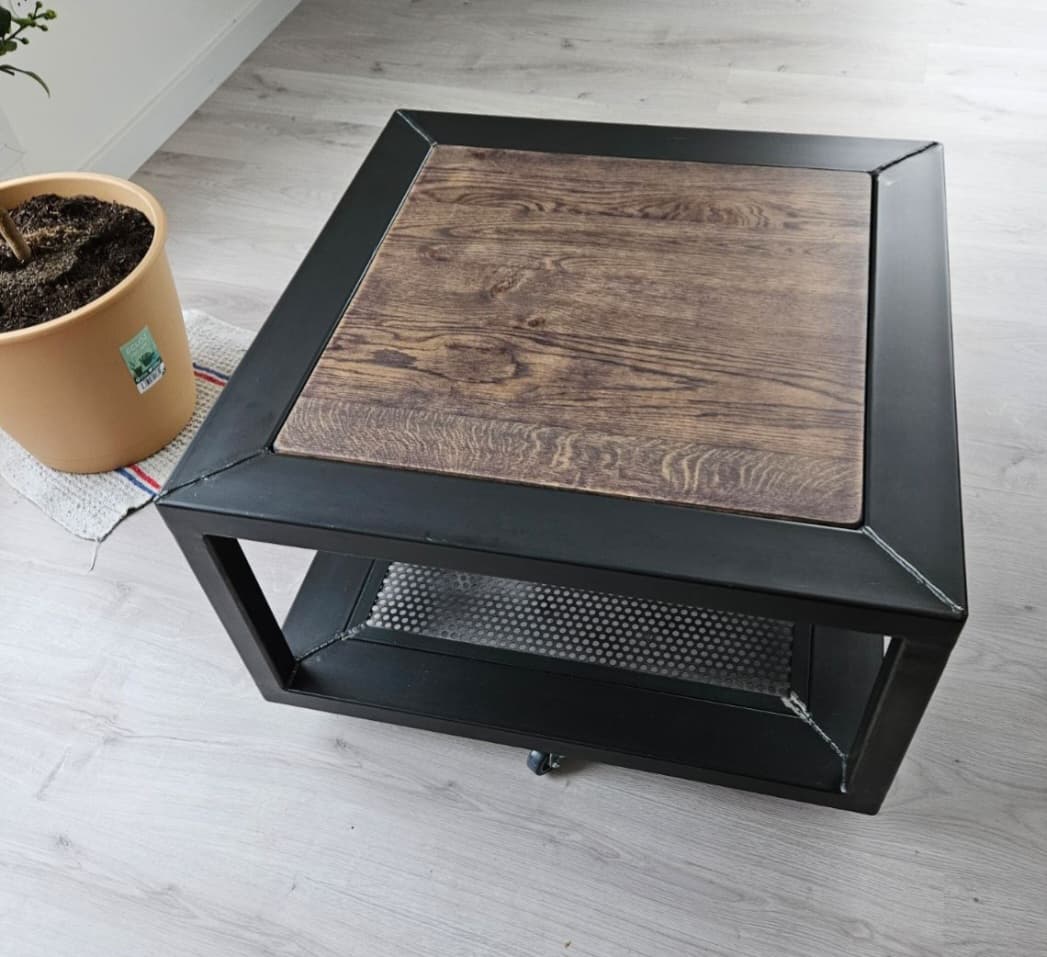 Table basse industrielle " CHARME " carré en métal et bois 2 plateaux