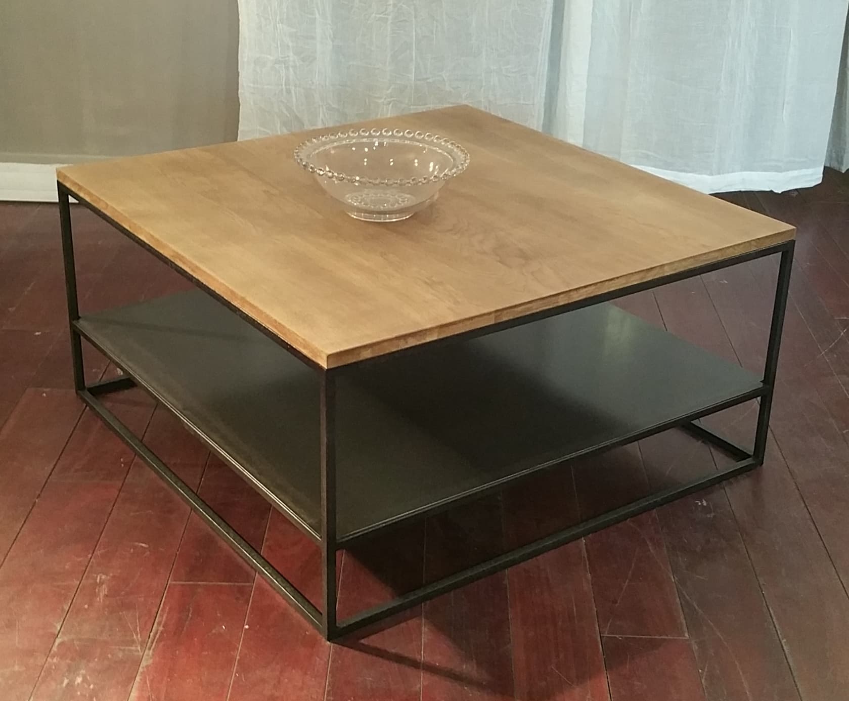 Table basse carrée double plateau bois massif & métal "WOOD"