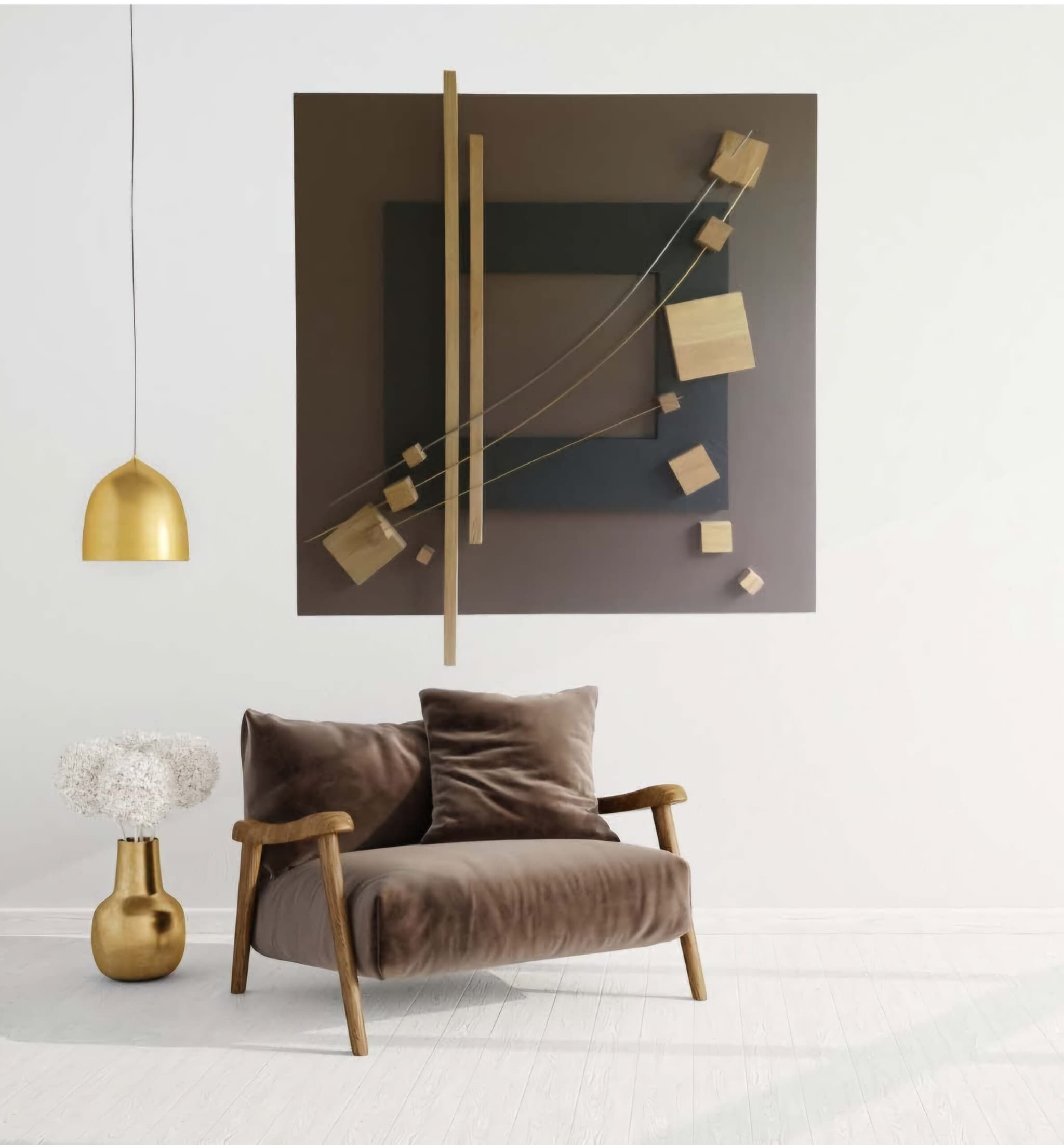 Tableau sculpture murale abstrait Infini Legno - Art français en chêne et laiton