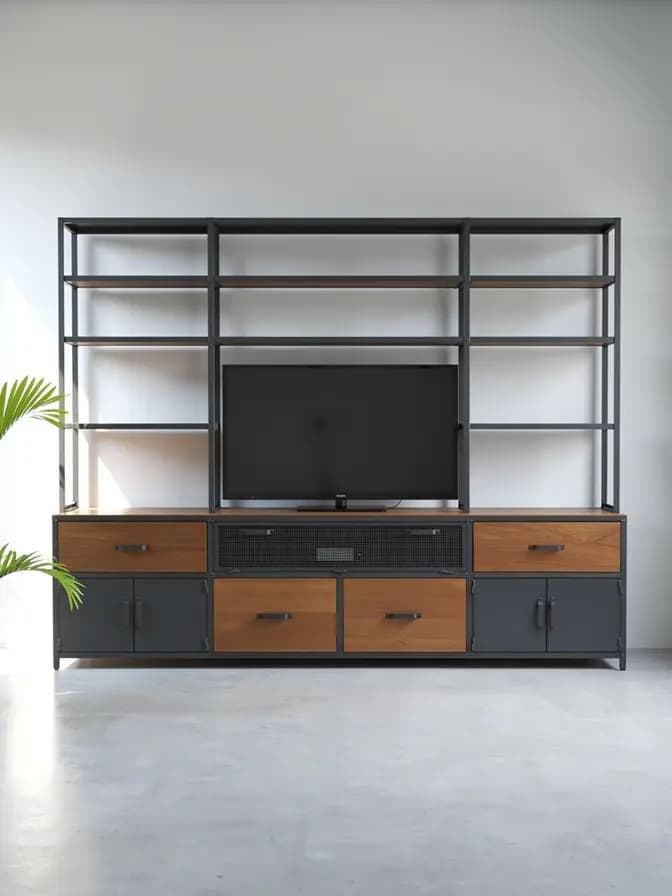 Meuble TV Bibliothèque industriel en bois & métal sur mesure "MANOIR" 