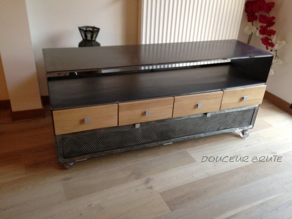 Meuble TV en Métal Gris et Chêne Clair "LOFT"