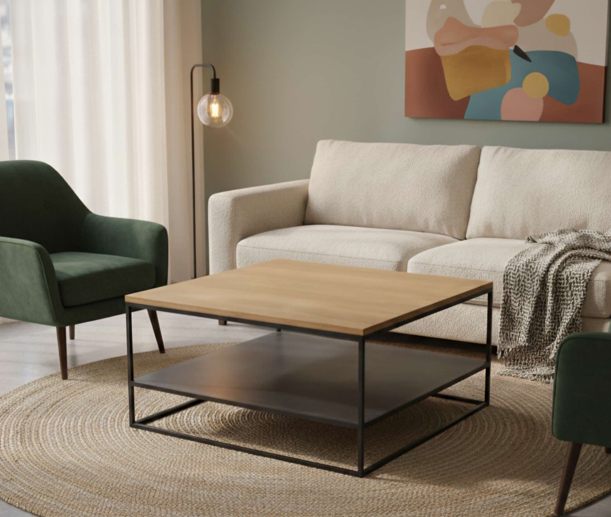 Table basse carrée double plateau bois massif & métal "WOOD"