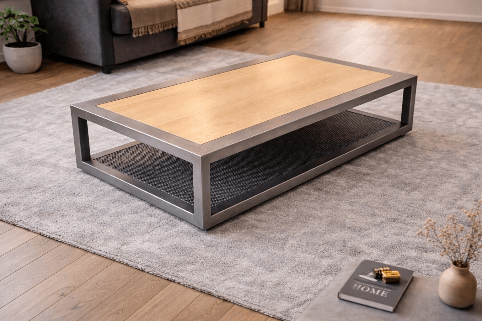 Table basse Rectangulaire en métal et bois massif sur roulettes "CHARME"