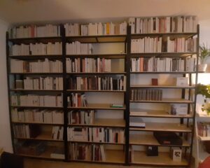 Bibliothèque industrielle noire en métal avec cinq étagères remplies de livres, rangement structuré dans un salon.