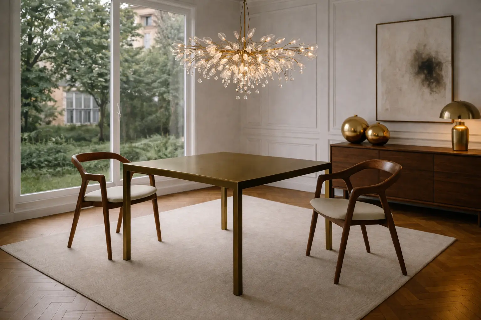 Table moderne en métal patiné réaliser sur mesure, entourée de deux chaises élégantes dans un salon lumineux avec lustre et buffet en bois. Table moderne en métal patiné réaliser sur mesure, entourée de deux chaises élégantes dans un salon lumineux avec lustre et buffet en bois.