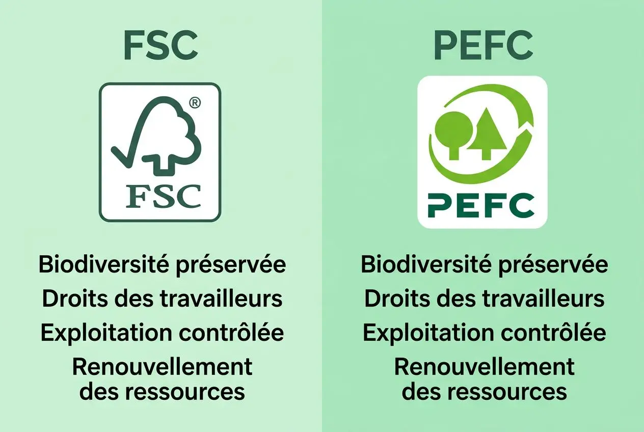 Logo FSC et PEFC: étiquettes “Biodiversité préservée, Droits des travailleurs, Exploitation contrôlée, Renouvellement des ressources” sur fond vert pastel - mention du meuble bois durable intégrée.
