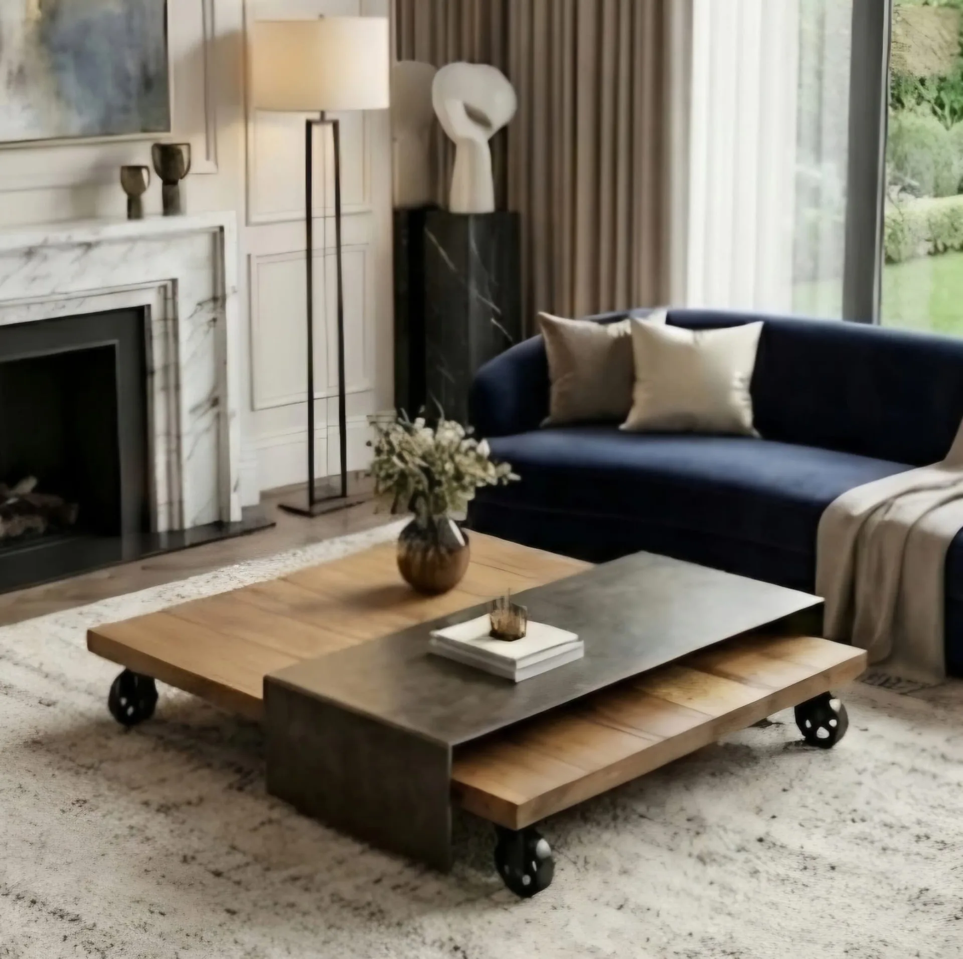 Table basse industrielle sur roulettes dans un salon moderne, assises canapé bleu et décor chaud, hauteur idéale d'une table basse suggérée.