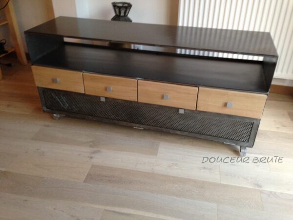 Meuble TV en Métal Gris et Chêne Clair "LOFT" – Image 2