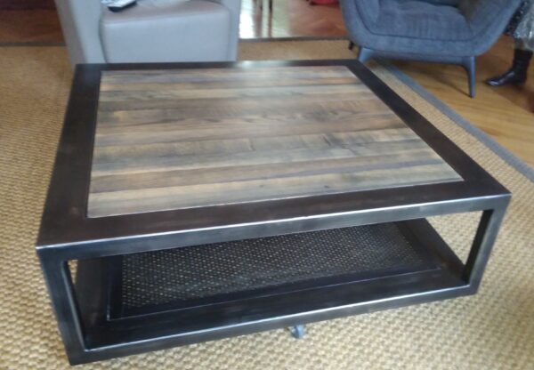 Table basse industrielle " CHARME " carré en métal et bois 2 plateaux
