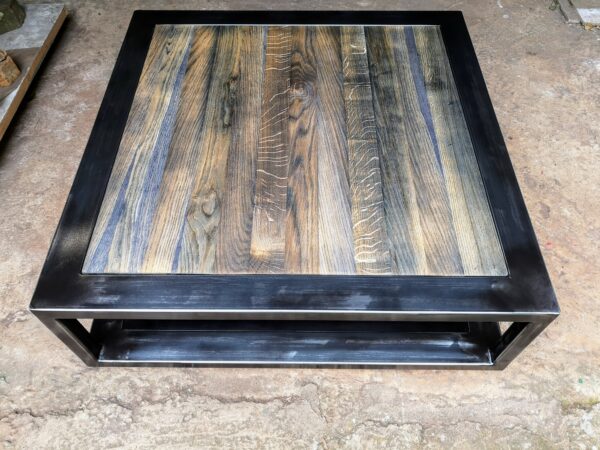 Table basse industrielle " CHARME " carré en métal et bois 2 plateaux – Image 4