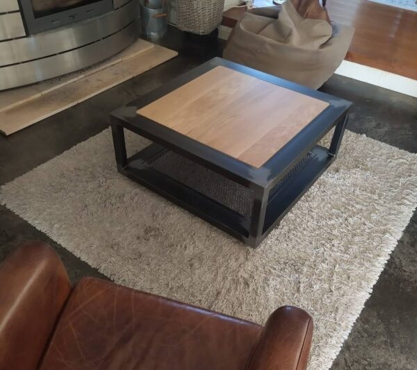 Table basse industrielle " CHARME " carré en métal et bois 2 plateaux – Image 11