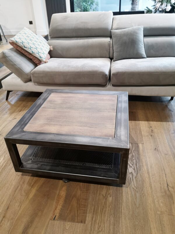 Table basse industrielle " CHARME " carré en métal et bois 2 plateaux – Image 8