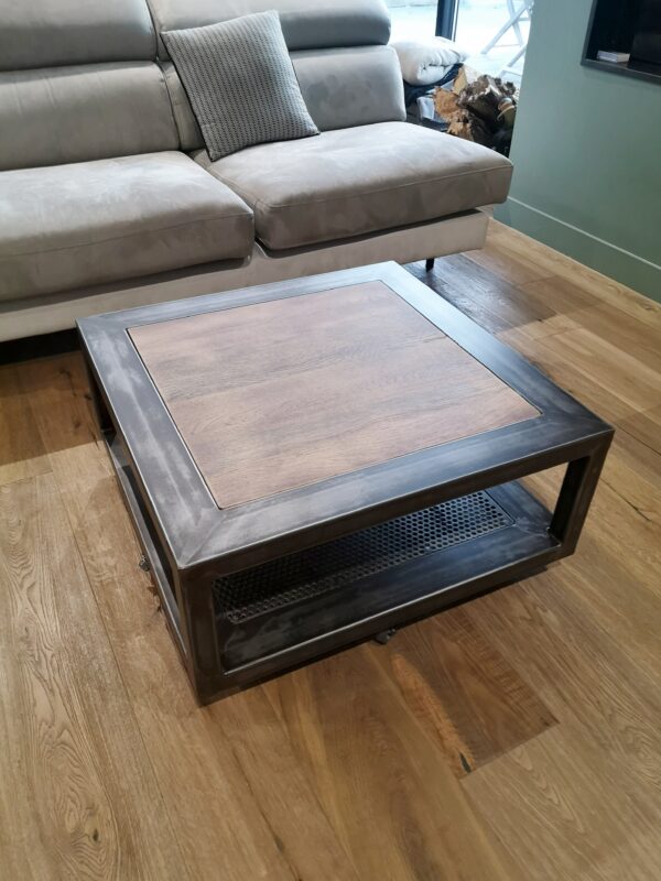 Table basse industrielle " CHARME " carré en métal et bois 2 plateaux – Image 2